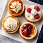 Mini Cheesecakes New York Style topped with caramel, whipped cream, and berries