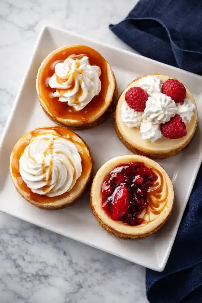 Mini Cheesecakes New York Style topped with caramel, whipped cream, and berries
