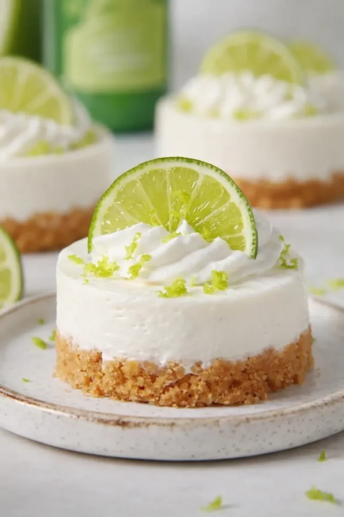 Mini Key Lime Cheesecakes | Amazing, Creamy, Tangy Treat 6 Mini key lime cheesecake on ceramic plate with whipped cream and lime slice