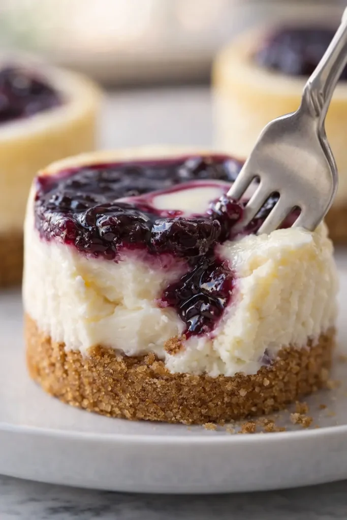 Mini Lemon Blueberry Cheesecakes | Delicious & Easy Dessert 5 Mini lemon blueberry cheesecake with fork showing creamy texture