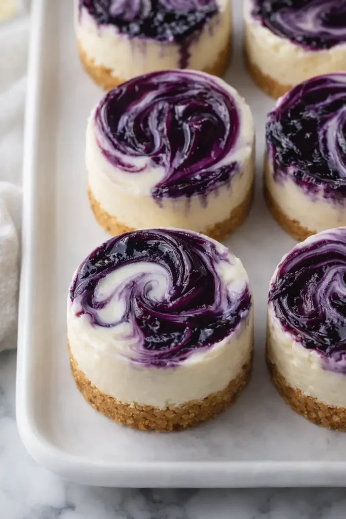 Mini Lemon Blueberry Cheesecakes | Delicious & Easy Dessert 6 Mini lemon blueberry cheesecakes with glossy blueberry swirl on tray