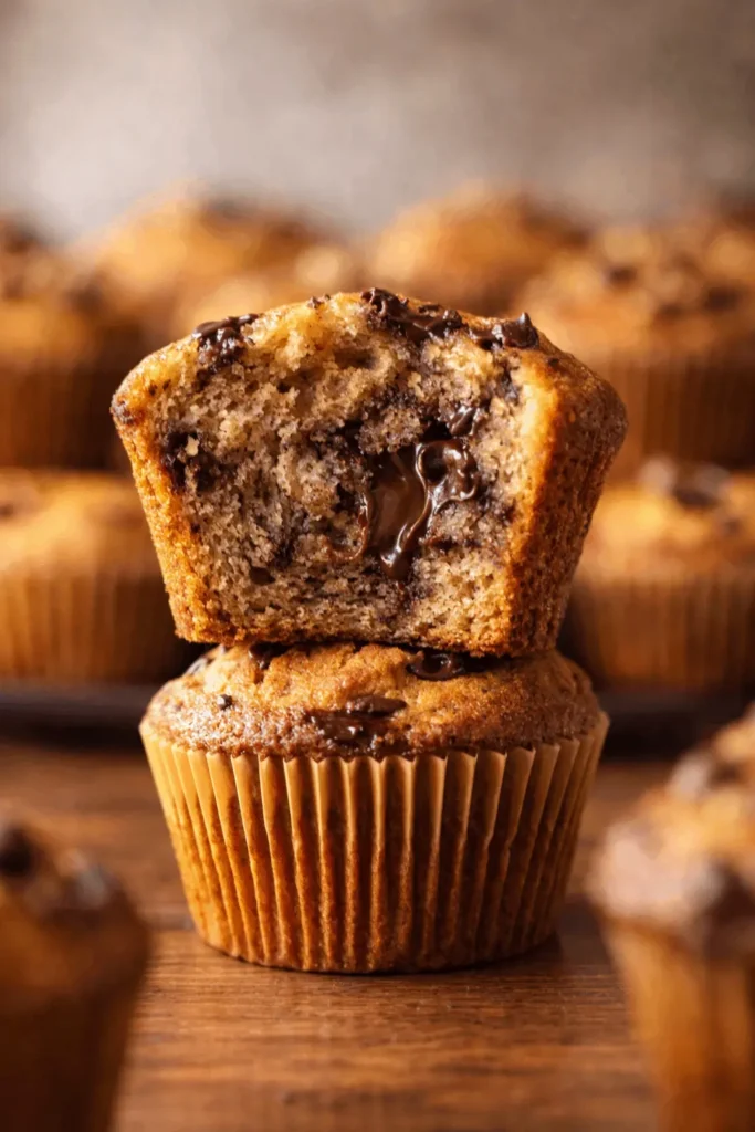 Moist banana bread muffins with melted chocolate chips stacked on wooden table