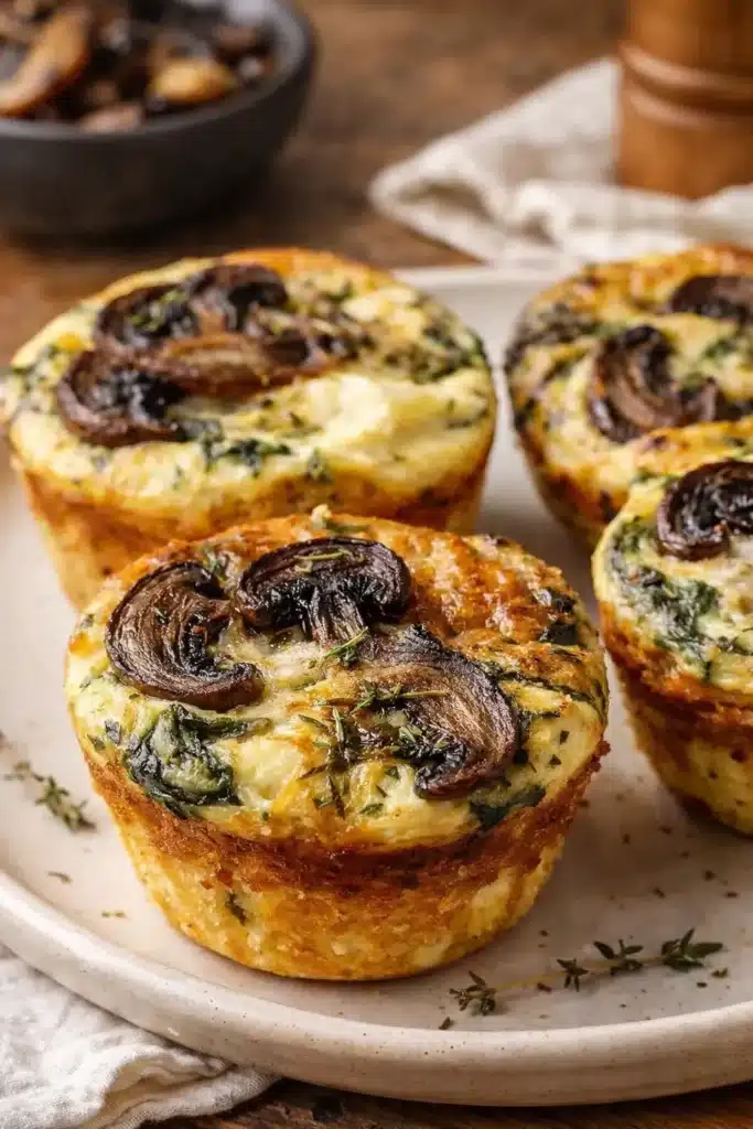 Spinach and mushroom quiche muffins on a plate under warm light