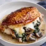 Mushroom stuffed chicken breast with spinach, cheese, and mushrooms on white plate