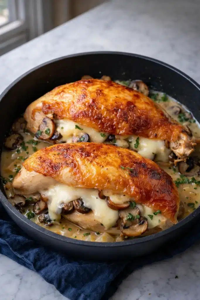 Golden mushroom stuffed chicken breasts in skillet with melted cheese and sauce