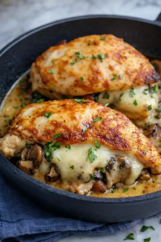 Mushroom stuffed chicken breasts in skillet with melted cheese and parsley