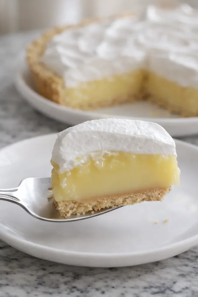 Slice of No Bake Lemon Meringue Pie on fork with creamy lemon filling