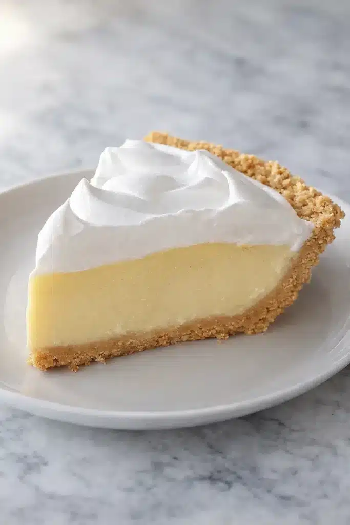 Slice of No Bake Lemon Meringue Pie with graham crust and fluffy meringue topping