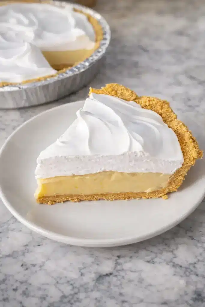 Slice of No Bake Lemon Meringue Pie on white plate with graham crust