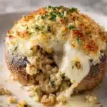Cheesy Olive Garden-style stuffed mushroom with golden breadcrumb topping
