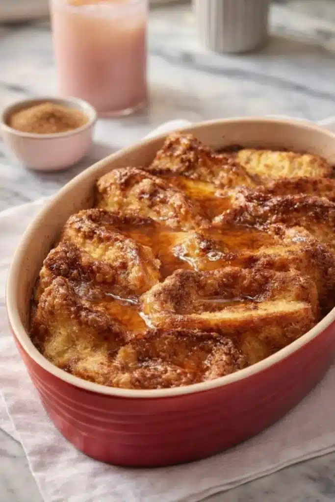 Golden baked Overnight French Toast Bake in a red dish with syrup and cinnamon