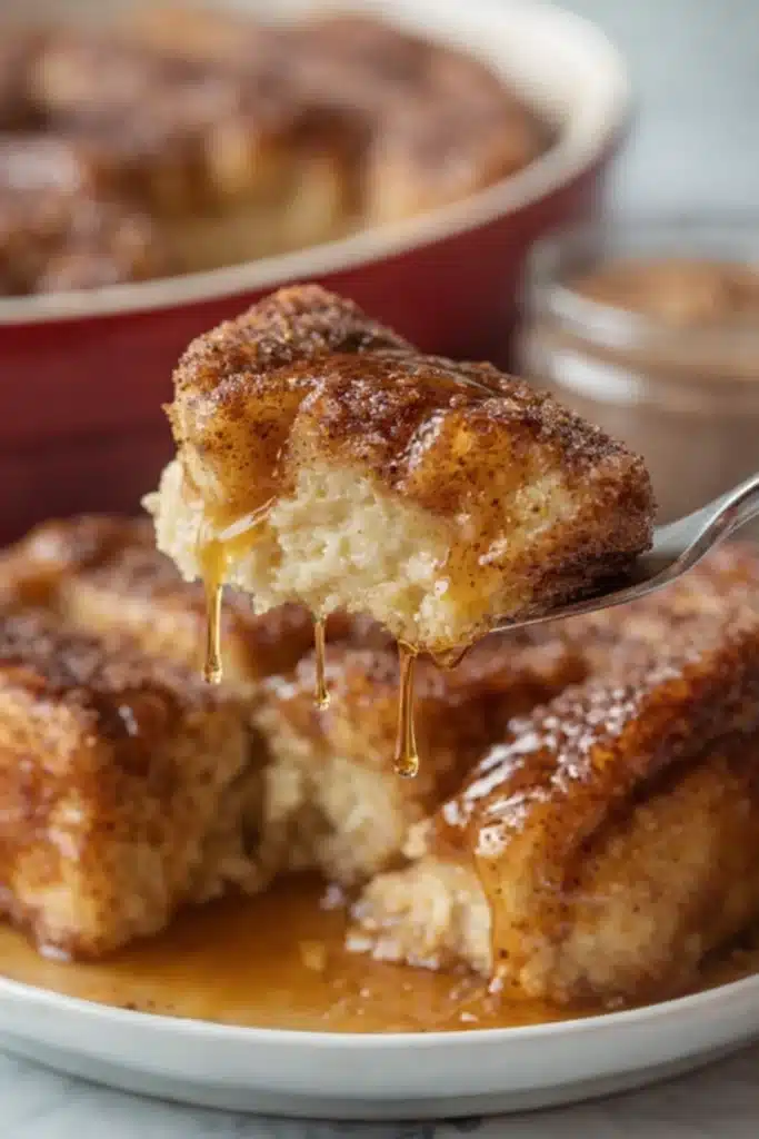 Close-up of syrup-dripping Overnight French Toast Bake slice on fork