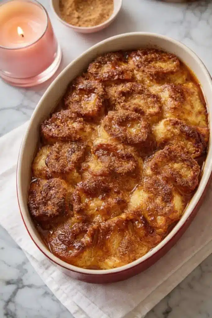 Golden Overnight French Toast Bake in red dish on white napkin