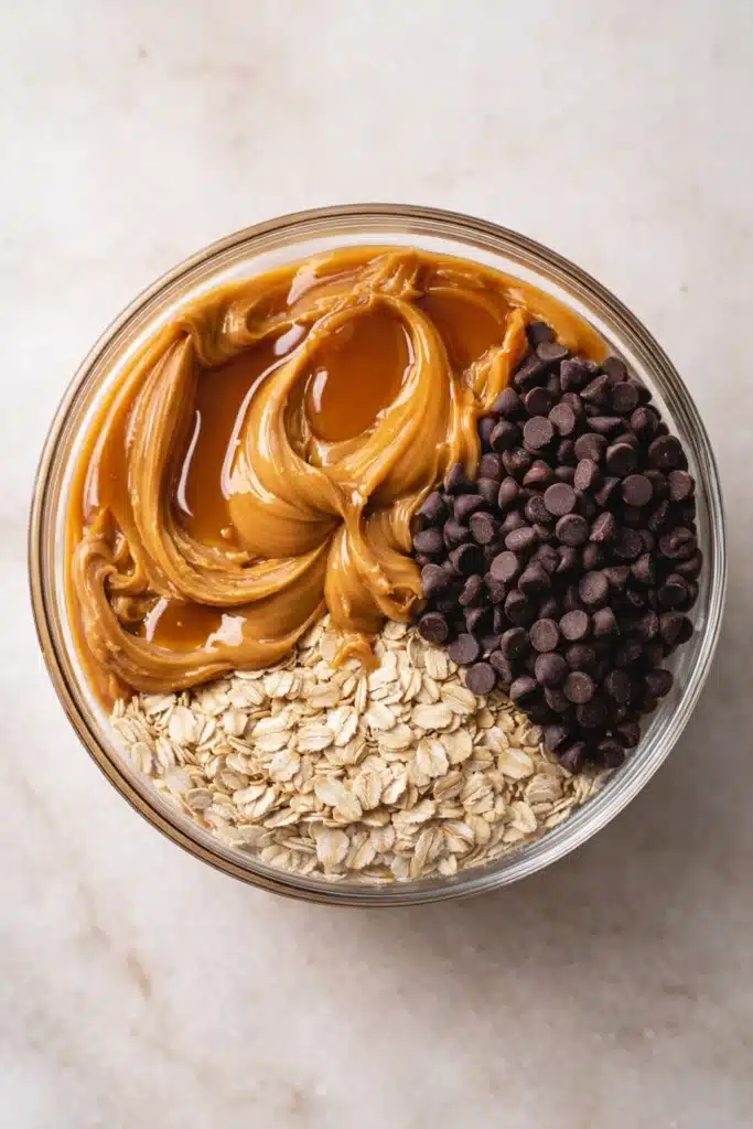 Peanut butter, oats, honey, and chocolate chips in a glass bowl for peanut butter energy bites