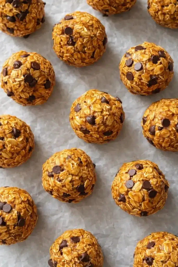 Homemade peanut butter energy bites with oats and chocolate chips on parchment paper
