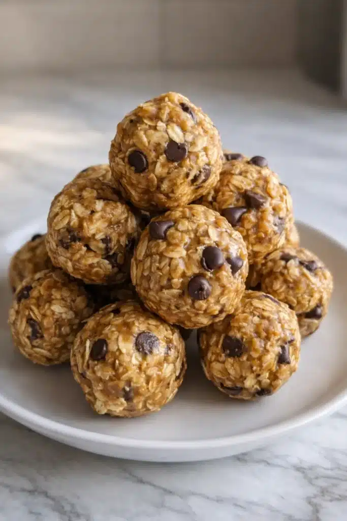 Peanut butter energy bites with oats and chocolate chips on a white plate