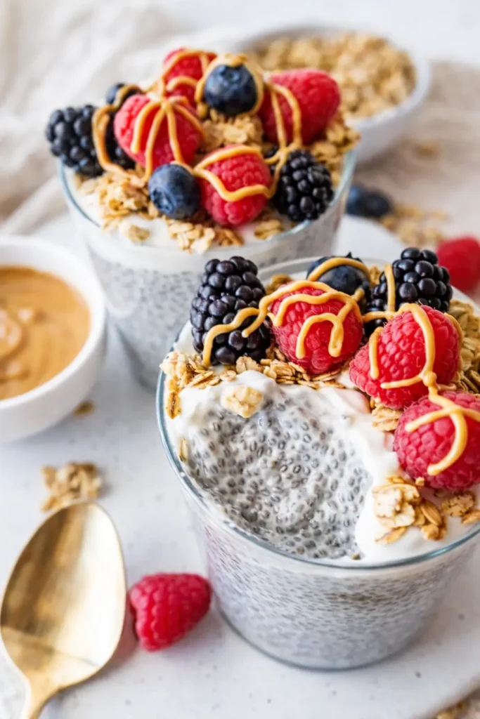 Protein chia pudding cups topped with yogurt, granola, and fresh berries