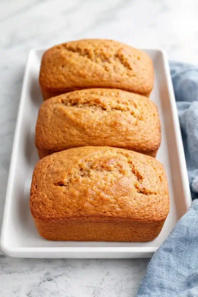 Golden pumpkin eggnog mini loaves on white platter over marble surface