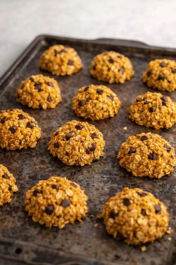 Healthy Pumpkin Oat Cookies | Easy & Delicious Treat 10 Unbaked pumpkin oat cookie dough balls with chocolate chips on rustic baking sheet