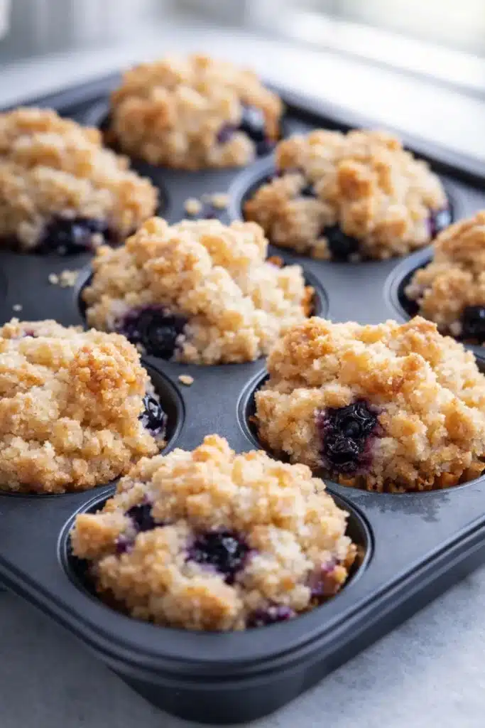 Blueberry muffins with golden crumble topping in muffin tray on white-gray surface