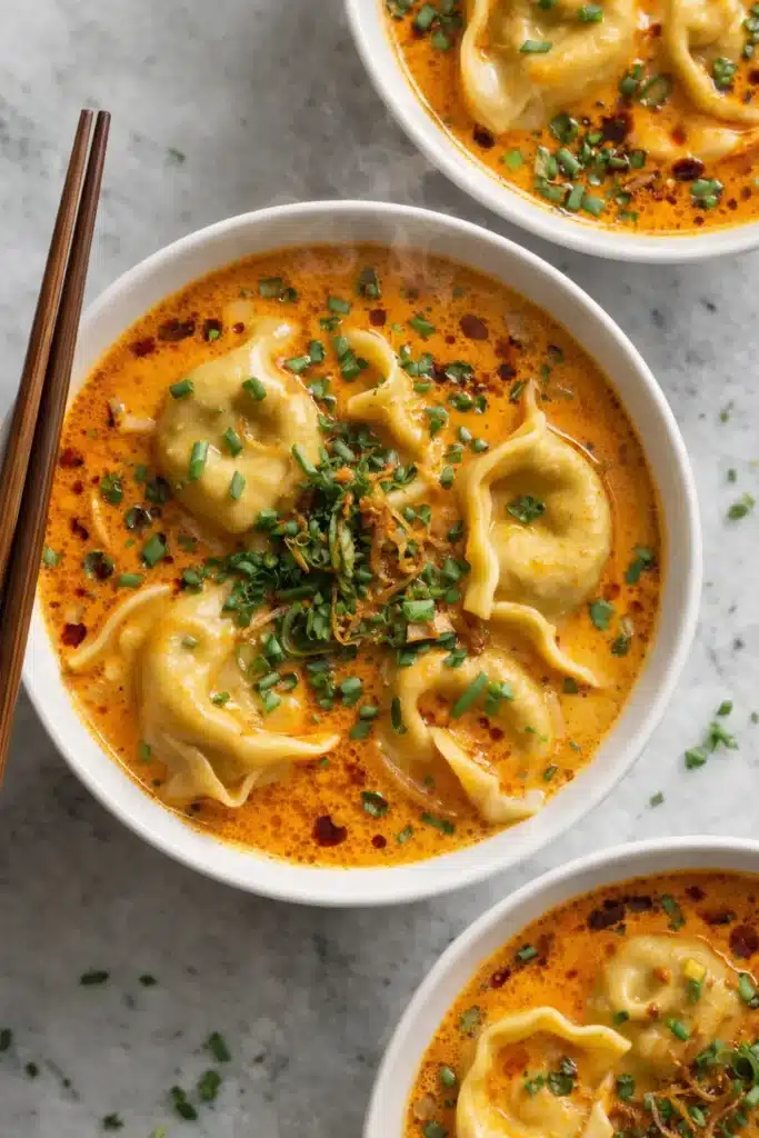 Bowl of quick coconut curry soup with dumplings and scallions