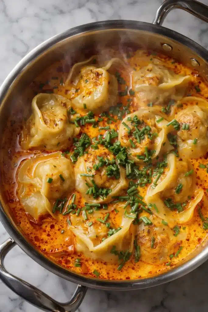 Golden coconut curry soup with dumplings simmering in a stainless steel pan