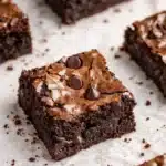 Fudgy gluten free brownies with glossy tops and melted chocolate chips