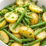 Quick Green Bean Potato Salad in a white bowl with fresh herbs and vinaigrette