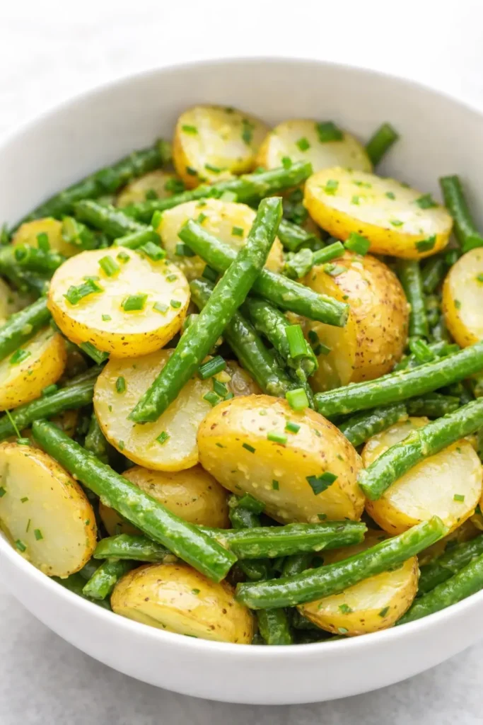Quick Green Bean Potato Salad in a white bowl with fresh herbs and vinaigrette