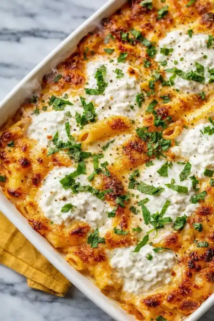 Quick Ricotta Pasta Bake with creamy ricotta and golden-brown crust in a white baking dish
