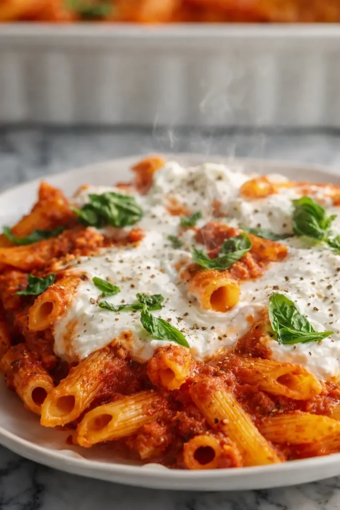 Quick Ricotta Pasta Bake served hot with creamy ricotta and tomato sauce