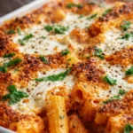 Quick ricotta pasta bake with creamy sauce and golden crust in white baking dish