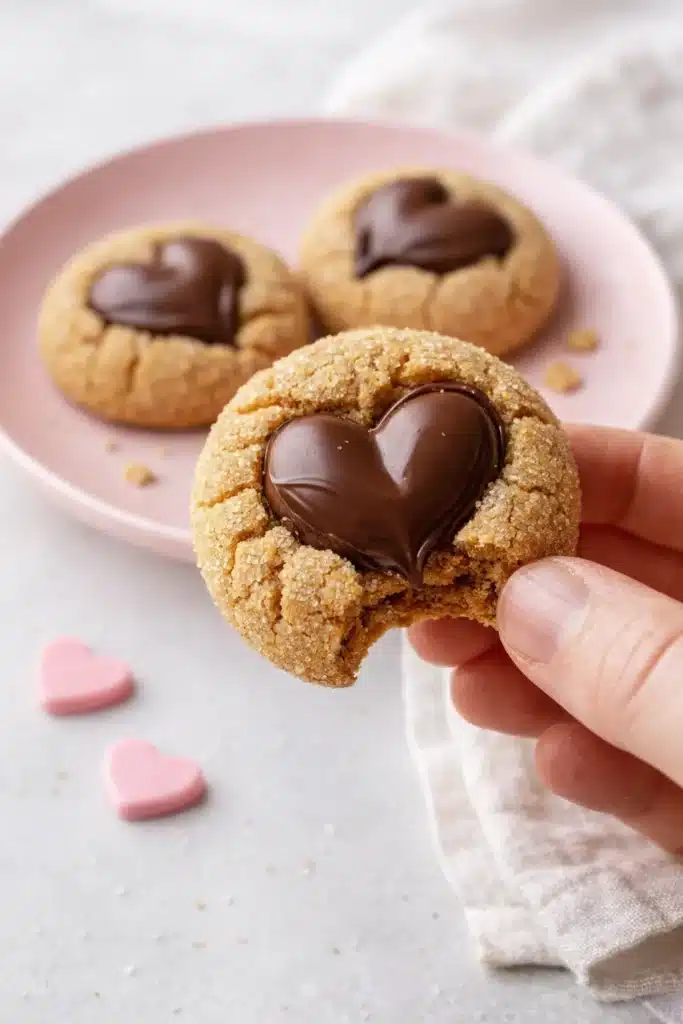 Quick Valentine’s Day Peanut Blossom Cookies Recipe 5 Bitten peanut butter blossom cookie with chocolate heart on pink plate