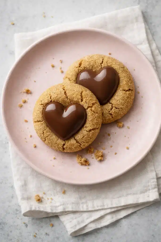 Quick Valentine’s Day Peanut Blossom Cookies Recipe 6 Two peanut butter blossom cookies with chocolate hearts on pink plate and white napkin