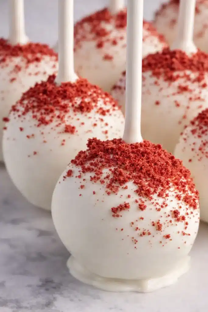 Red velvet cake pops coated in white chocolate with red crumbs