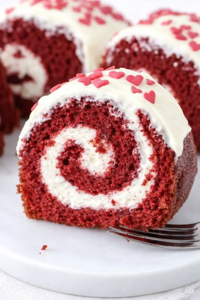 Moist red velvet cake roll slice with frosting and pink heart sprinkles