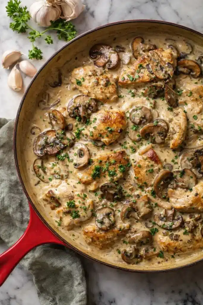 Rich Chicken Stroganoff: Creamy Comfort in Every Bite 6 Rich chicken stroganoff with mushrooms and creamy sauce in skillet
