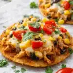 Crispy rotisserie chicken tostada with melted cheese, beans, corn, and fresh cilantro