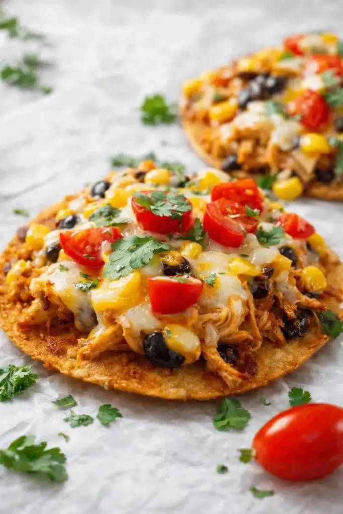 Crispy rotisserie chicken tostada with melted cheese, beans, corn, and fresh cilantro
