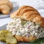 Croissant sandwich filled with savory dill pickle chicken salad on gray plate