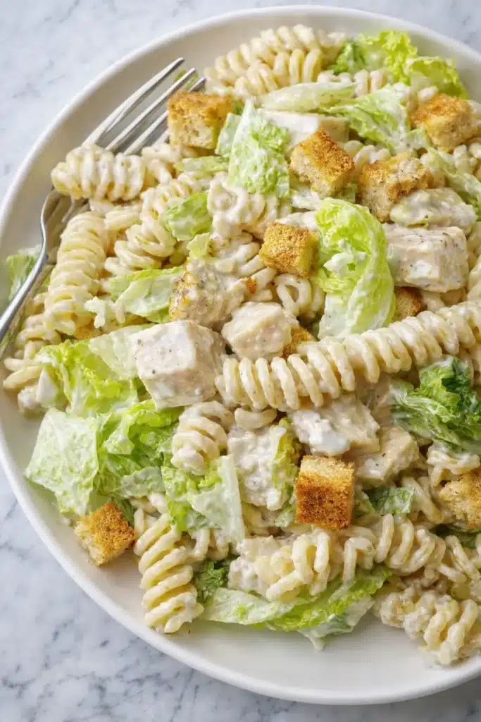 Simple Chicken Caesar Pasta Salad with rotini, lettuce, chicken, and croutons