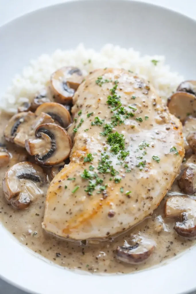 Simple Crockpot Chicken Marsala with mushrooms and rice on white plate
