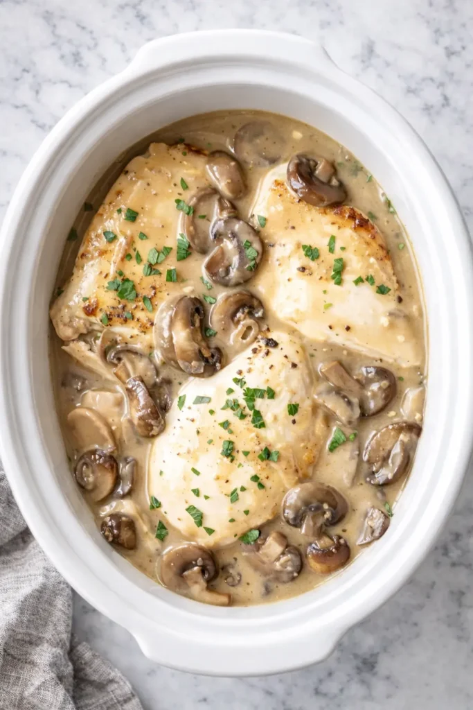 Simple Crockpot Chicken Marsala with mushrooms and creamy wine sauce in slow cooker