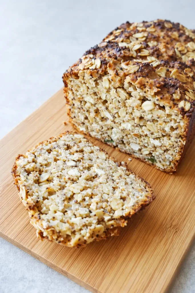 Sliced high protein cottage cheese oatmeal bread loaf on wooden cutting board