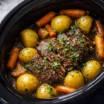 Slow cooker garlic herb pot roast with potatoes and carrots in rich broth