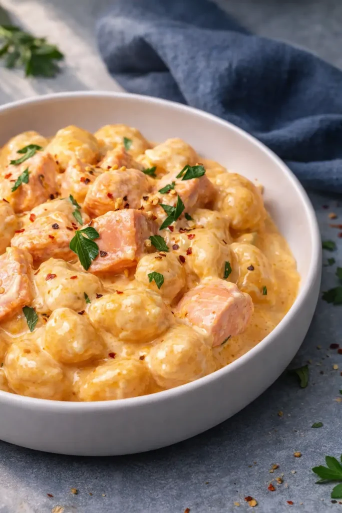 Smoked Salmon Gnocchi | Amazing Creamy Comfort 5 Creamy smoked salmon gnocchi in a white bowl with parsley