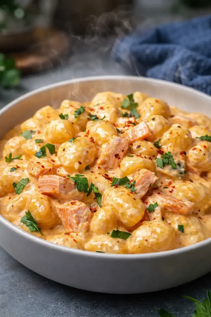 Creamy smoked salmon gnocchi with parsley in a white bowl