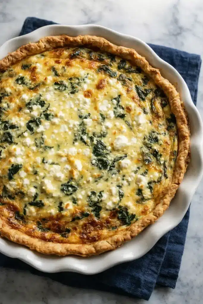 Golden spinach feta quiche in white pie dish