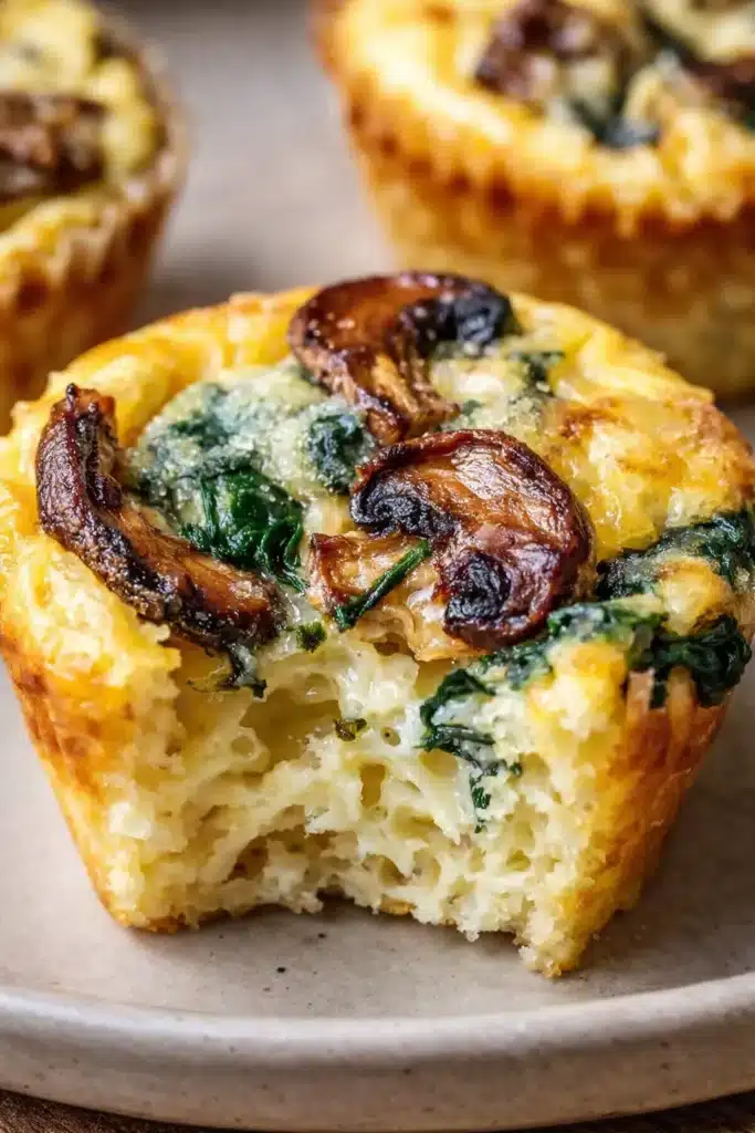 Close-up of spinach and mushroom quiche muffin with a bite showing fluffy texture