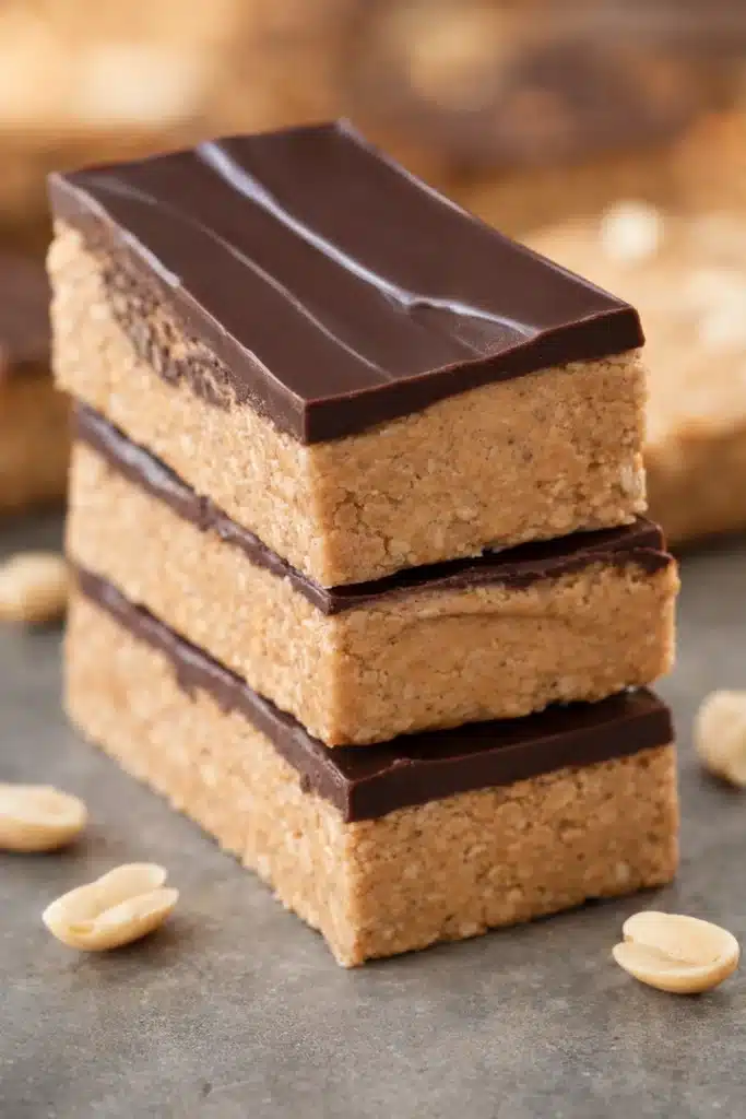 Stack of homemade chocolate peanut butter protein bars on gray surface